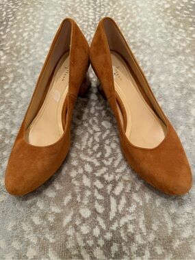 Cole Haan Women's Caramel Brown Suede and Patent Block Heel Pumps
